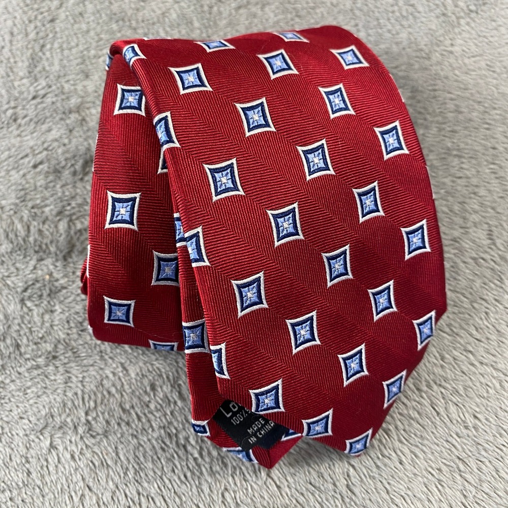 Jos. A. Bank Tie Men Long Red Executive Collection Silk Geometric Square Pattern
